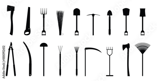 Collection of Garden Tools Icons and Silhouettes – for Gardening, Landscaping, and Outdoor Designs. Vector Illustration.