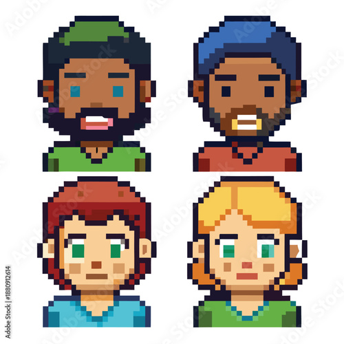 Pixel Art Diverse Avatar Set with Mixed Skin Tones and Beard