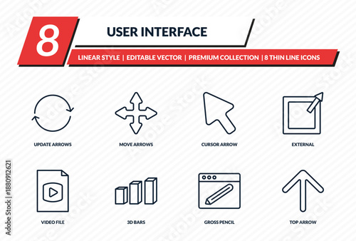 user interface icons set - update arrows, move arrows, cursor arrow, external, top arrow outline vector collection.