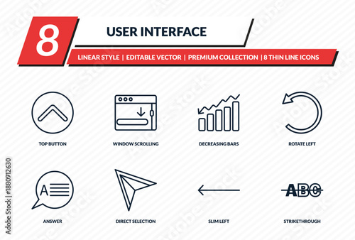 user interface icons set - top button, window scrolling right, decreasing bars chart, rotate left, strikethrough outline vector collection.