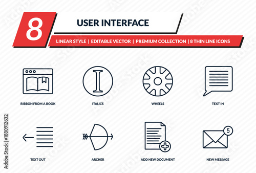 user interface icons set - ribbon from a book, italics, wheels, text in, new message outline vector collection.