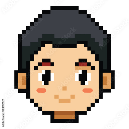 PIxel Art Cute Male Character with Rosy Cheeks and Black Hair