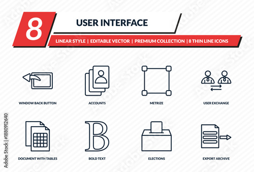 user interface icons set - window back button, accounts, metrize, user exchange, export archive outline vector collection.
