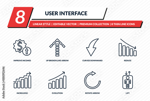 user interface icons set - improve incomes, up broken line arrow, curved downward arrow, reduce, lift outline vector collection.