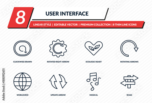 user interface icons set - clockwise drawn arrow, rotated right arrow, ecologic heart, rotating arrows, road outline vector collection.