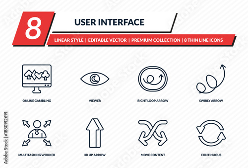 user interface icons set - online gambling, viewer, right loop arrow, swirly arrow, continuous outline vector collection.