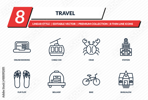 travel icons set - online booking, cable car, crab, station, bungalow outline vector collection.