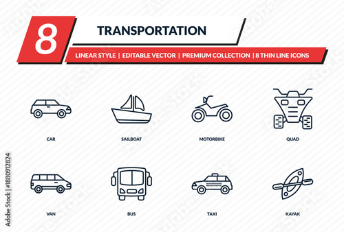 transportation icons set - car, sailboat, motorbike, quad, kayak outline vector collection.