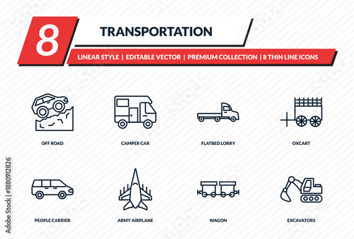 transportation icons set - off road, camper car, flatbed lorry, oxcart, excavators outline vector collection.
