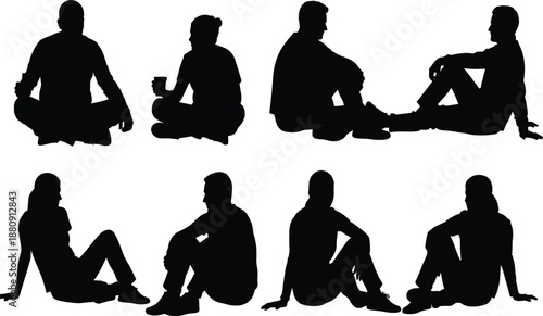 Silhouettes of people sitting and interacting in various poses black