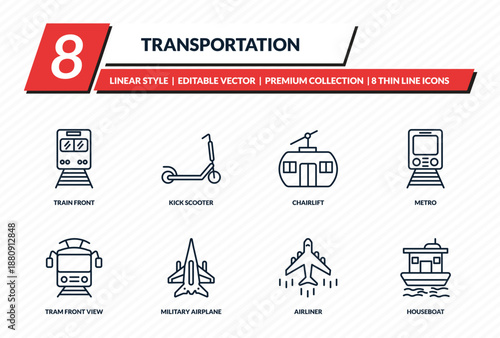 transportation icons set - train front, kick scooter, chairlift, metro, houseboat outline vector collection.