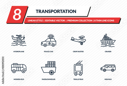transportation icons set - hydroplane, police car, crop duster, cruiser, minivan outline vector collection.