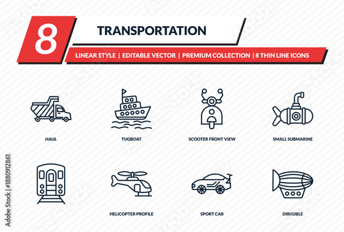 transportation icons set - haul, tugboat, scooter front view, small submarine, dirigible outline vector collection.