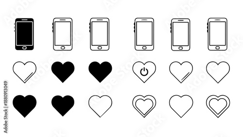 Collection of smartphones and hearts isolated on white background, Vector