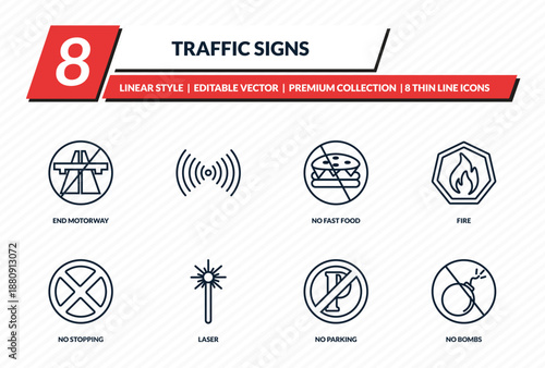 traffic signs icons set - end motorway, , no fast food, fire, no bombs outline vector collection.