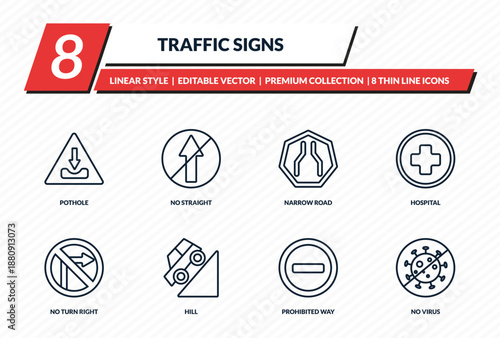traffic signs icons set - pothole, no straight, narrow road, hospital, no virus outline vector collection.