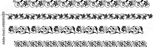Antique Victorian floral scroll borders set with elegant black filigree ornaments for classical wedding stationery design