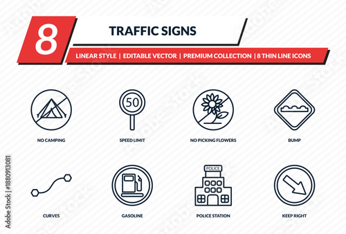 traffic signs icons set - no camping, speed limit, no picking flowers, bump, keep right outline vector collection.