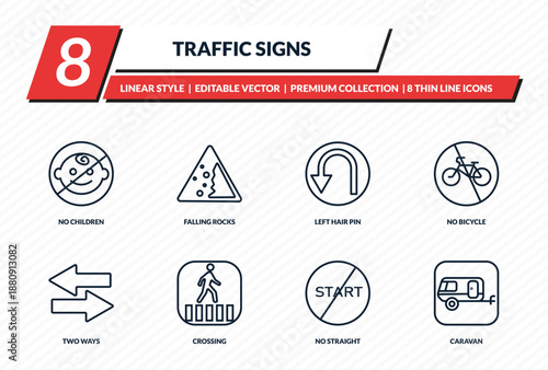 traffic signs icons set - no children, falling rocks, left hair pin, no bicycle, caravan outline vector collection.