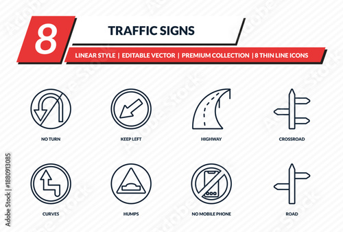 traffic signs icons set - no turn, keep left, highway, crossroad, road outline vector collection.