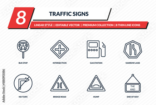 traffic signs icons set - bus stop, intersection, gas station, narrow lane, end of way outline vector collection.