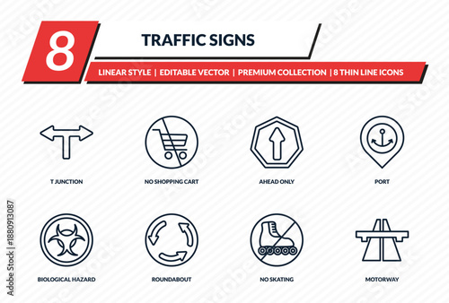 traffic signs icons set - t junction, no shopping cart, ahead only, port, motorway outline vector collection.