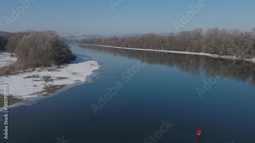 River Danube aerial view in winter. Dunabogdany, Hungary. 2026.