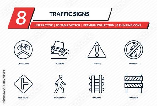 traffic signs icons set - cycle lane, pothole, danger, no entry, barrier outline vector collection.
