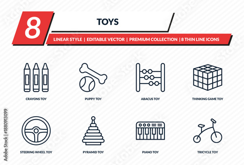 toys icons set - crayons toy, puppy toy, abacus toy, thinking game tricycle outline vector collection.