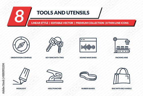 tools and utensils icons set - orientation compass, key ring with two keys, sound wave bars, packing hine, bag with big handle outline vector collection.