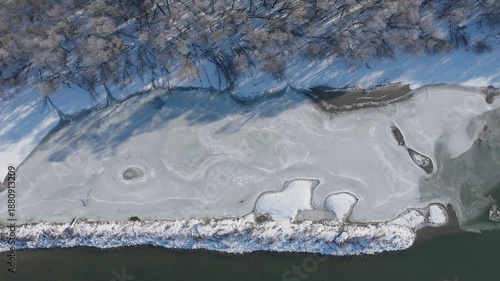 River Danube aerial view in winter. Dunabogdany, Hungary. 2026.