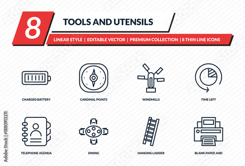 tools and utensils icons set - charged battery, cardinal points, windmills, time left, blank paper and printer outline vector collection.