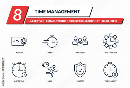 time management icons set - develop, hurry, employees, time manager, time is money outline vector collection.