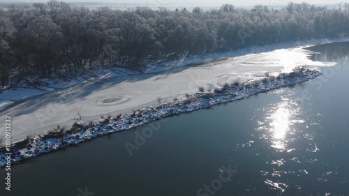 River Danube aerial view in winter. Dunabogdany, Hungary. 2026.
