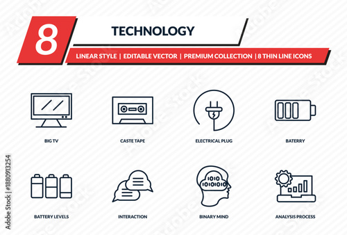 technology icons set - big tv, caste tape, electrical plug, baterry, analysis process outline vector collection.