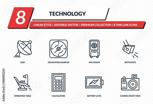 technology icons set - dish, navigation compass, air cooler, spotlights, camera front view outline vector collection.