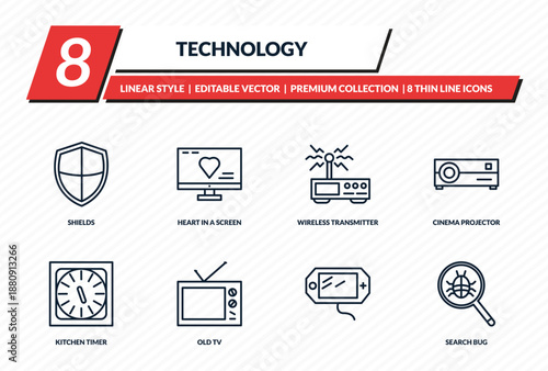 technology icons set - shields, heart in a screen, wireless transmitter, cinema projector, search bug outline vector collection.
