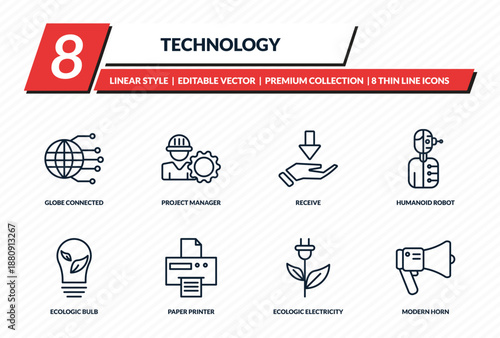 technology icons set - globe connected circuit, project manager, receive, humanoid robot, modern horn outline vector collection.