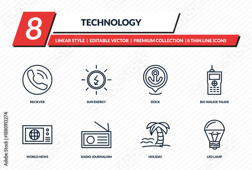 technology icons set - reciever, sun energy, dock, big walkie talkie, led lamp outline vector collection.