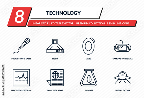 technology icons set - mic with long cable, hood, zero, gamepad with cable, science fiction outline vector collection.