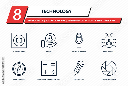 technology icons set - round socket, client, big microphone, robot insect, camera shutter outline vector collection.