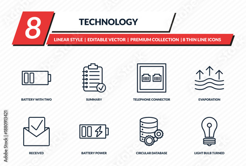 technology icons set - battery with two bars, summary, telephone connector, evaporation, light bulb turned off outline vector collection.
