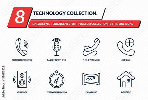 technology collection. icons set - telephone receiver, radio microphone, phone with wire, add call, domestic outline vector collection.