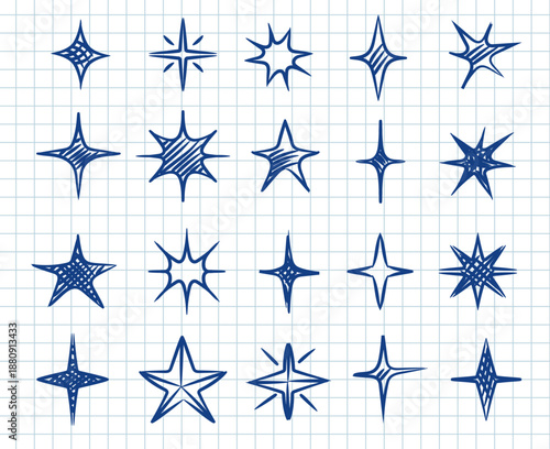 Crayon doodle stars cute. Cute drawings on notebook sheet. Sparkle hand drawn collection. Children style pencil elements. Vector illustration