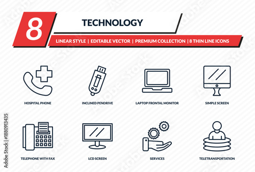 technology icons set - hospital phone, inclined pendrive, laptop frontal monitor, simple screen, teletransportation outline vector collection.
