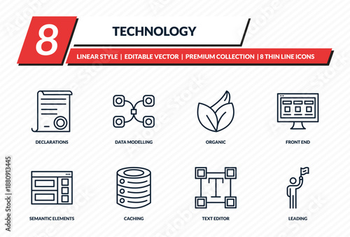 technology icons set - declarations, data modelling, organic, front end, leading outline vector collection.