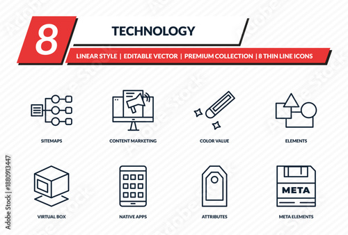 technology icons set - sitemaps, content marketing, color value, elements, meta elements outline vector collection.