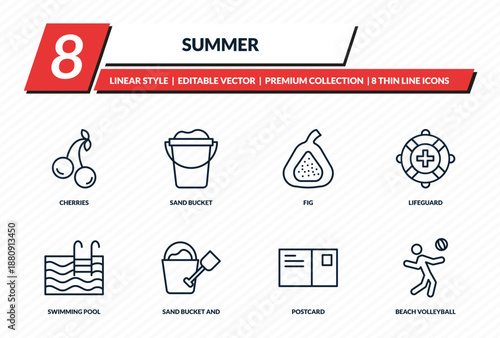 summer icons set - cherries, sand bucket, fig, lifeguard, beach volleyball outline vector collection.