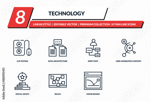 technology icons set - a/b testing, data architecture, serif font, user-generated content, bounce rate outline vector collection.