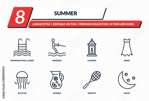 summer icons set - swimming pool ladder, waterski, lantern, dress, moon outline vector collection.